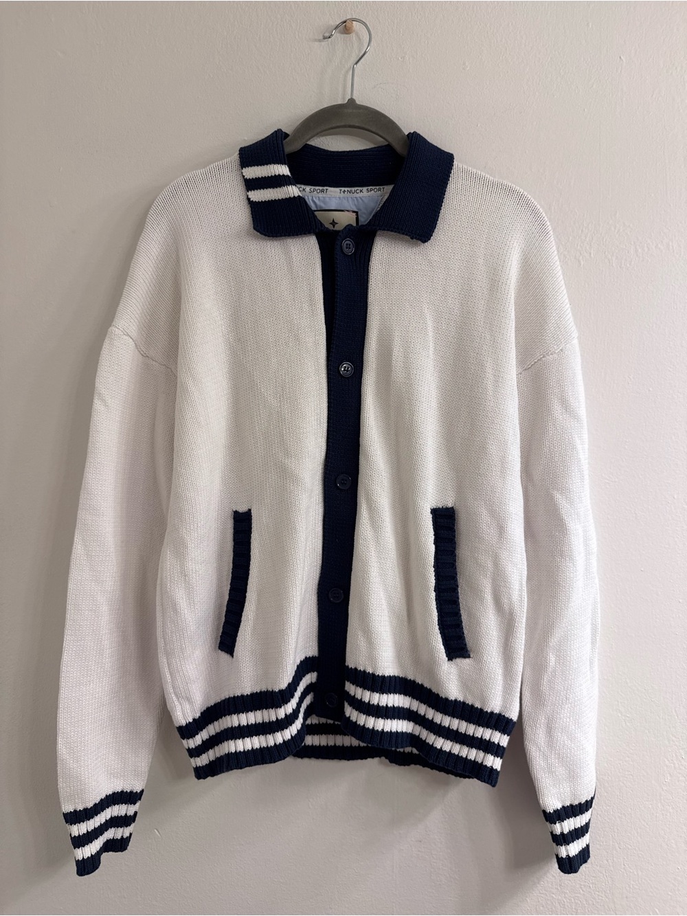 Tuckernuck White and Navy Polo-Trim Cardigan